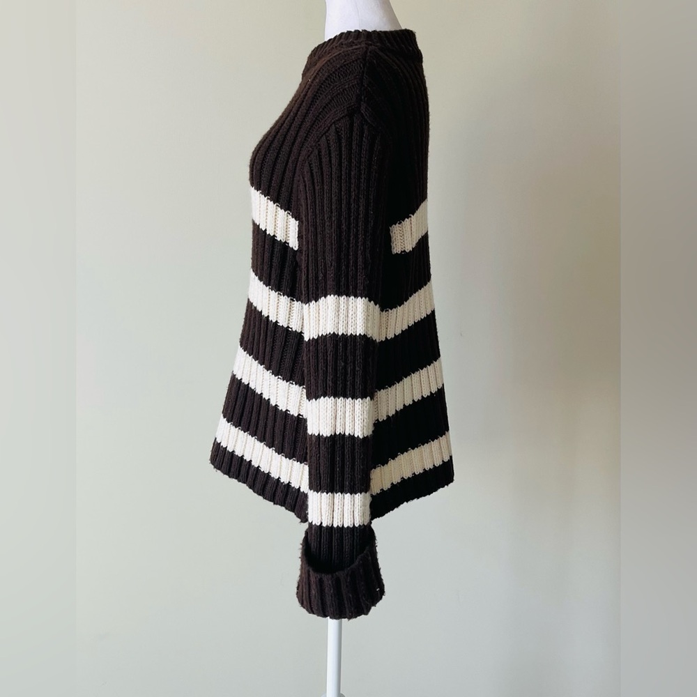 Zara Brown and Cream Striped Long Sleeve Crewneck thick Ribbed Sweater EUC - Picture 4 of 7
